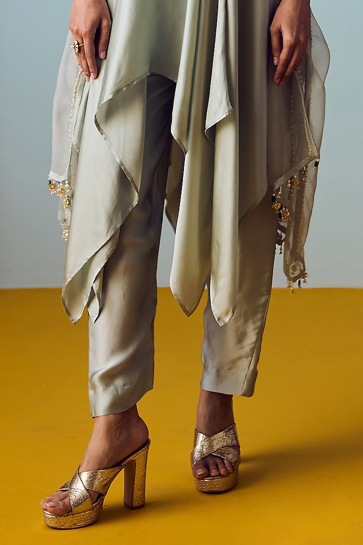 Sage Green Satin Silk Embroidered Kurta Set by Prahnaaya at Pernia's Pop Up Shop