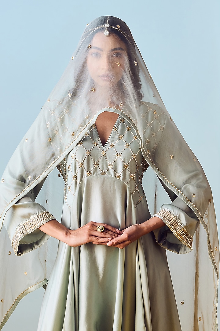 Sage Green Satin Silk Embroidered Kurta Set by Prahnaaya at Pernia's Pop Up Shop