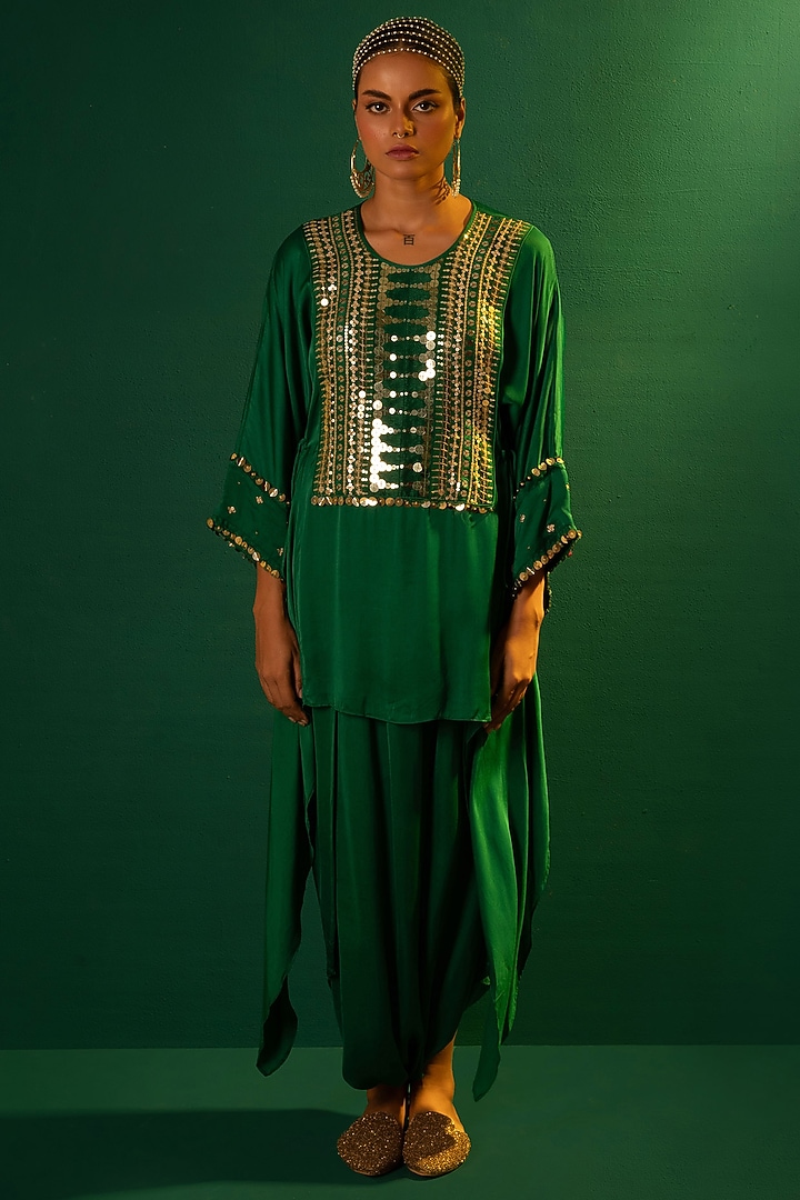 Emerald Green Satin Hand Embroidered Asymmetrical Tunic Set by Prahnaaya at Pernia's Pop Up Shop