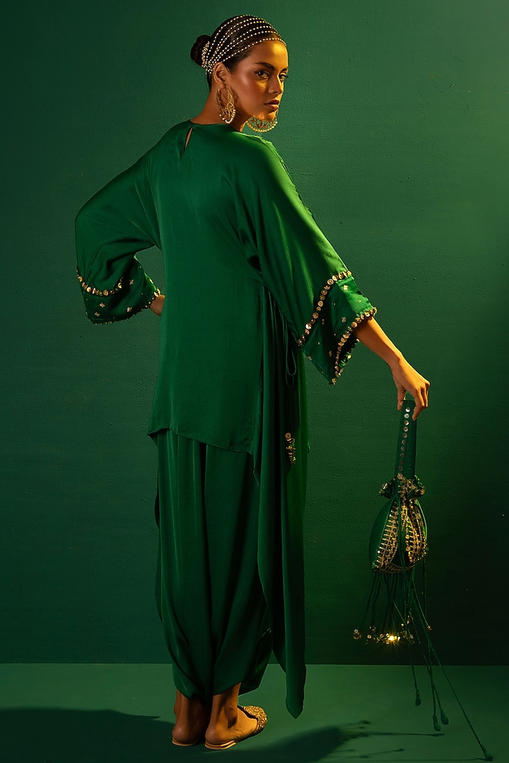 Emerald Green Satin Hand Embroidered Asymmetrical Tunic Set by Prahnaaya at Pernia's Pop Up Shop