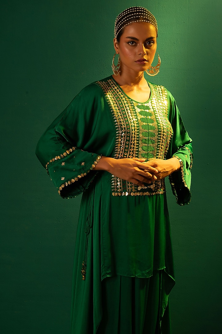 Emerald Green Satin Hand Embroidered Asymmetrical Tunic Set by Prahnaaya at Pernia's Pop Up Shop