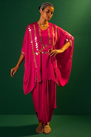 Fuchsia Pink Satin Dhoti Skirt Set by Prahnaaya