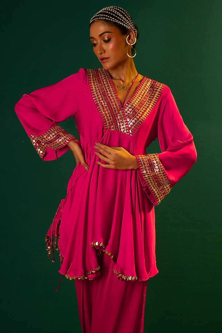 Fuchsia Pink Satin Dhoti Set by Prahnaaya at Pernia's Pop Up Shop