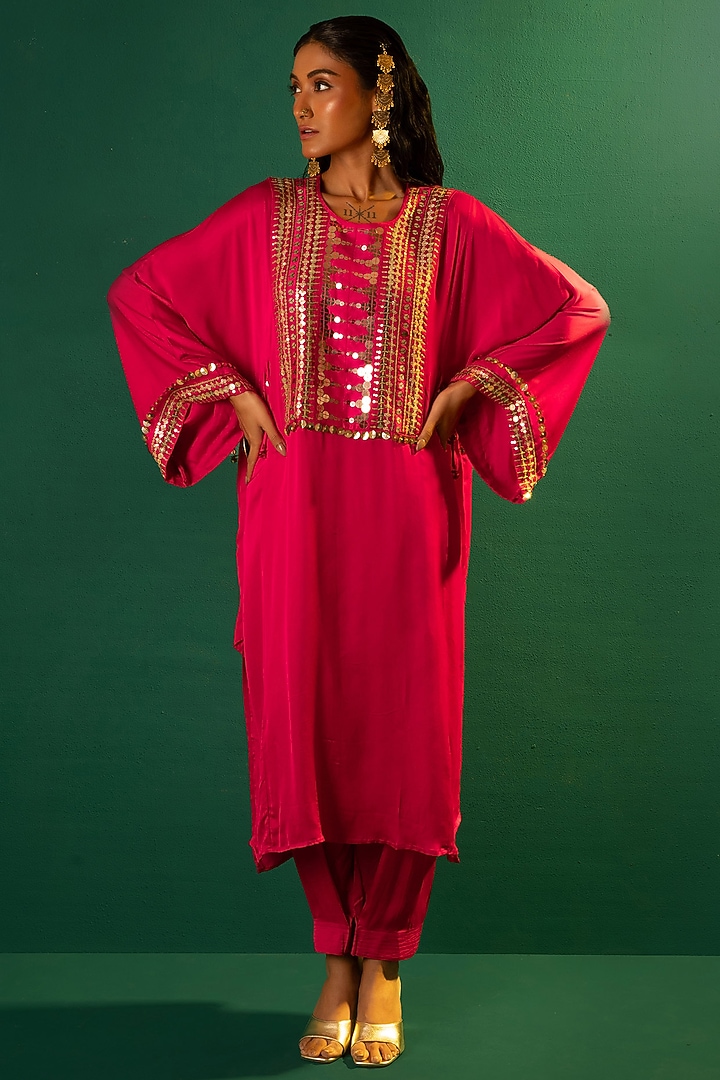 Fuchsia Pink Satin Choga Kurta Set by Prahnaaya at Pernia's Pop Up Shop