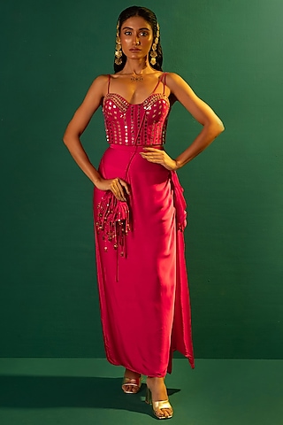 Fuchsia Pink Satin Ruffle Straight Skirt Set by Prahnaaya