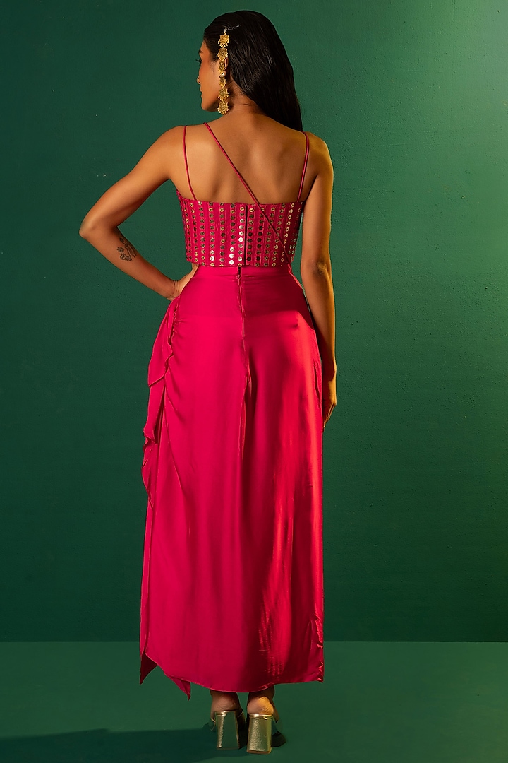 Fuchsia Pink Satin Ruffle Straight Skirt Set by Prahnaaya at Pernia's Pop Up Shop