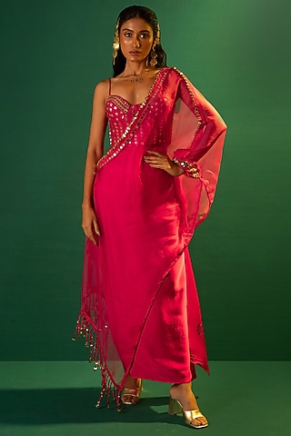 Fuchsia Pink Satin Ruffle Straight Skirt Set by Prahnaaya