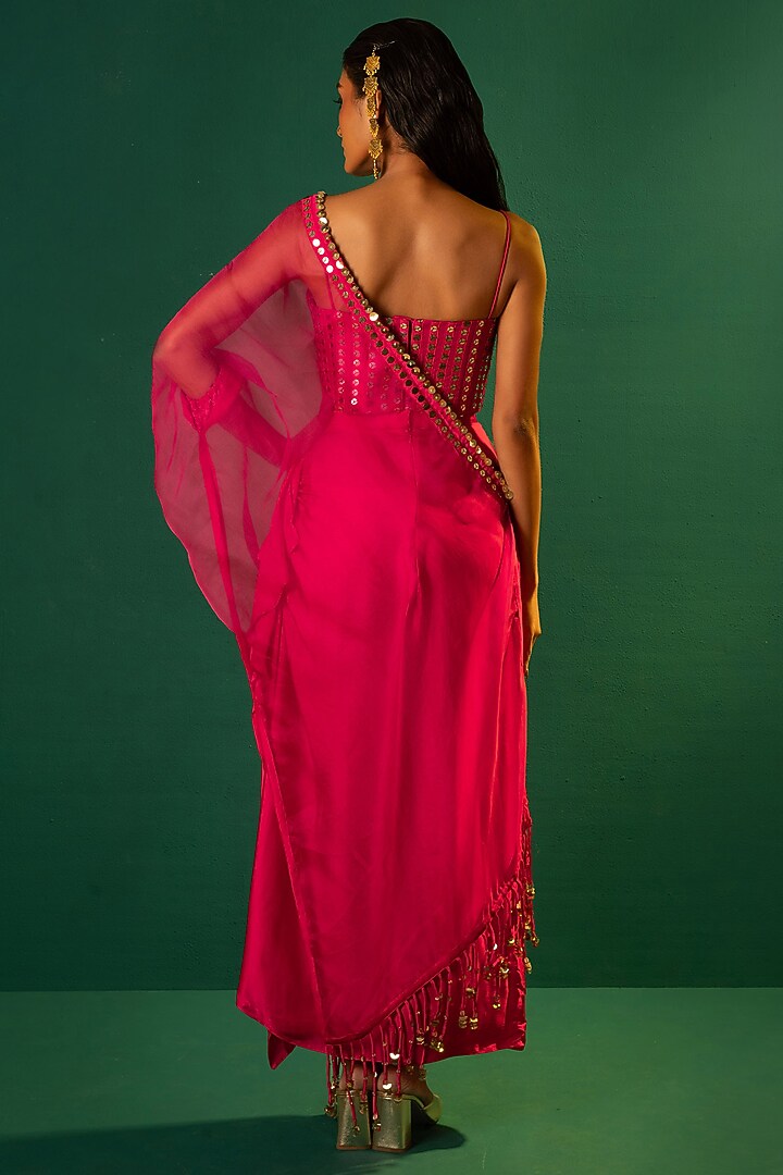Fuchsia Pink Satin Ruffle Straight Skirt Set by Prahnaaya at Pernia's Pop Up Shop