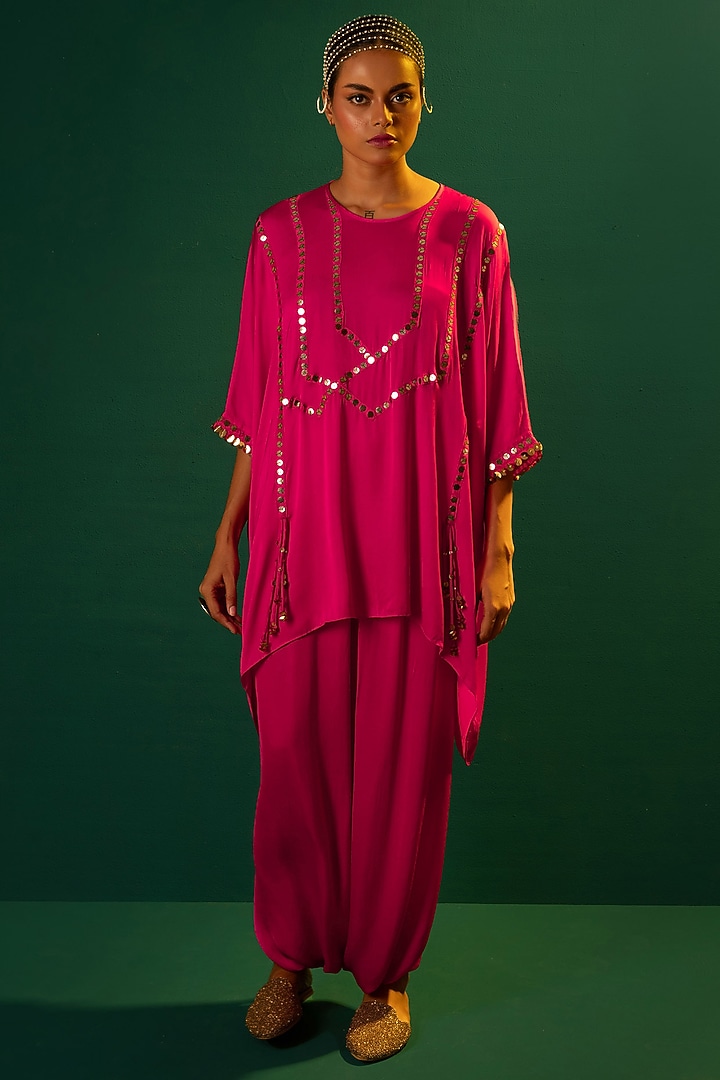 Fuchsia Pink Satin Hand Embellished Tunic Set by Prahnaaya at Pernia's Pop Up Shop