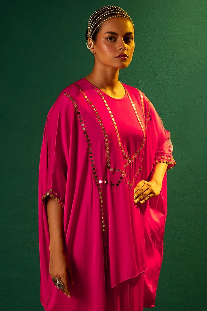 Fuchsia Pink Satin Hand Embellished Tunic Set by Prahnaaya at Pernia's Pop Up Shop