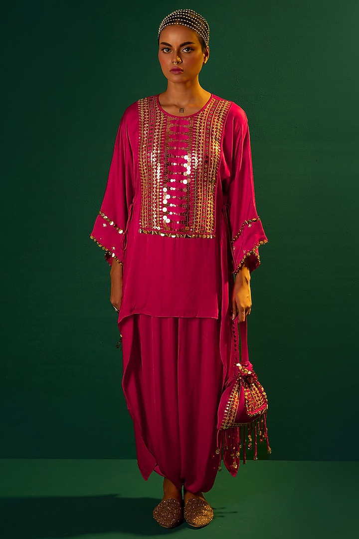 Fuchsia Pink Satin Hand Embroidered Asymmetrical Tunic Set by Prahnaaya at Pernia's Pop Up Shop