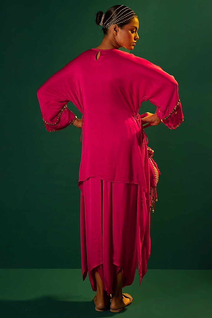Fuchsia Pink Satin Hand Embroidered Asymmetrical Tunic Set by Prahnaaya at Pernia's Pop Up Shop