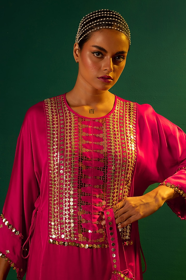 Fuchsia Pink Satin Hand Embroidered Asymmetrical Tunic Set by Prahnaaya at Pernia's Pop Up Shop