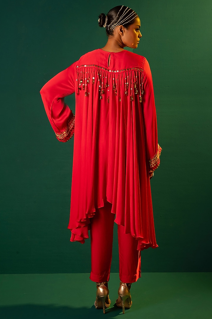 Red Satin Hand Embroidered High-Low Kurta Set by Prahnaaya at Pernia's Pop Up Shop