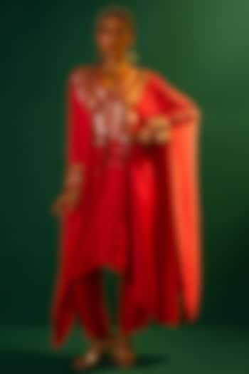 Red Satin Hand Embroidered Kaftan Set by Prahnaaya at Pernia's Pop Up Shop