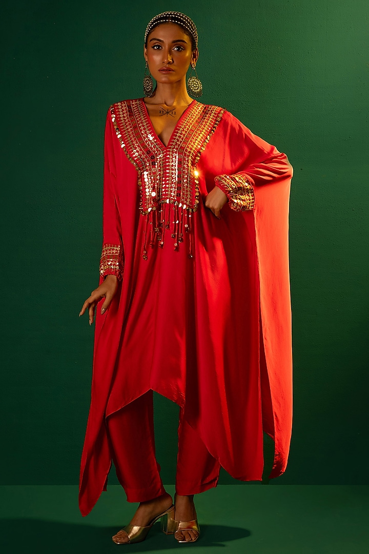 Red Satin Hand Embroidered Kaftan Set by Prahnaaya at Pernia's Pop Up Shop