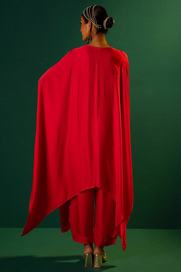 Red Satin Hand Embroidered Kaftan Set by Prahnaaya at Pernia's Pop Up Shop