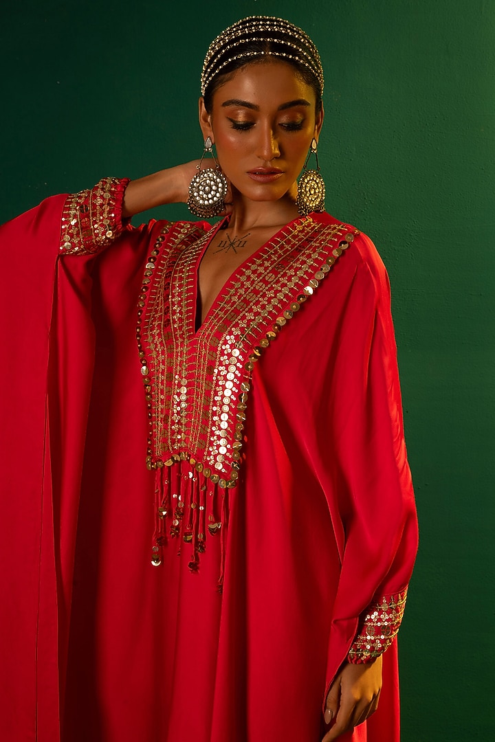 Red Satin Hand Embroidered Kaftan Set by Prahnaaya at Pernia's Pop Up Shop