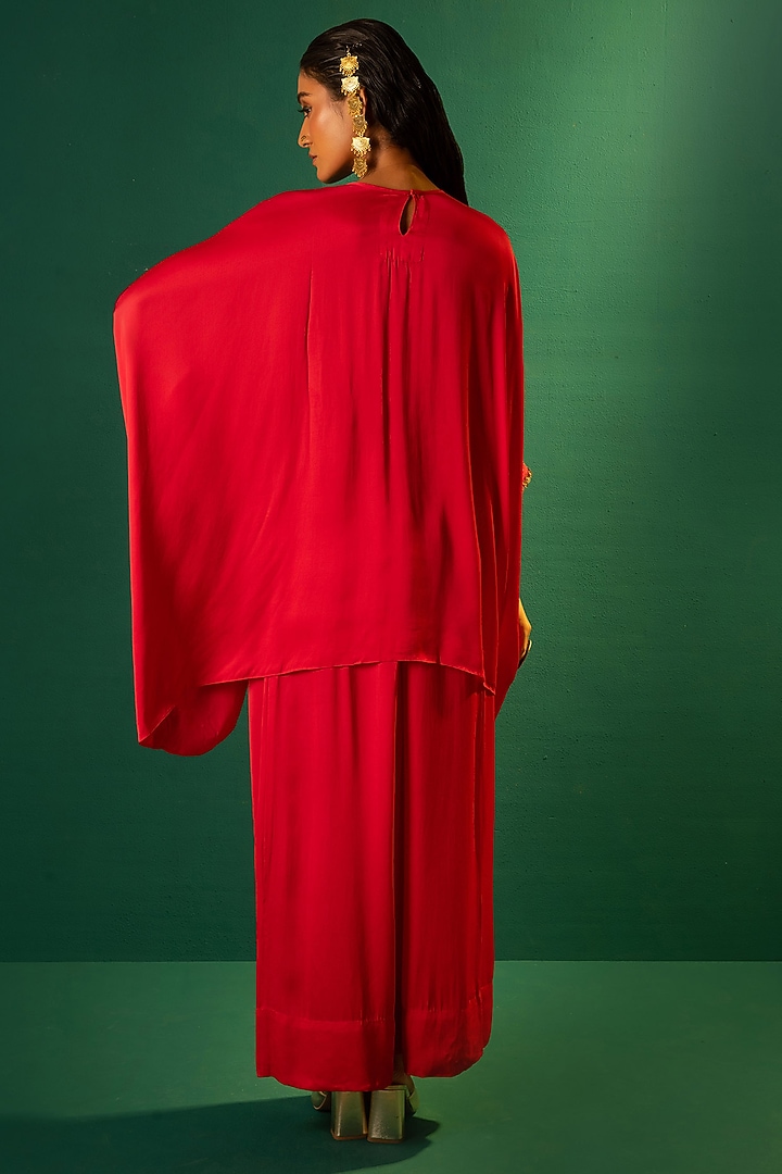 Red Satin Hand Embellishment Tunic Set by Prahnaaya at Pernia's Pop Up Shop