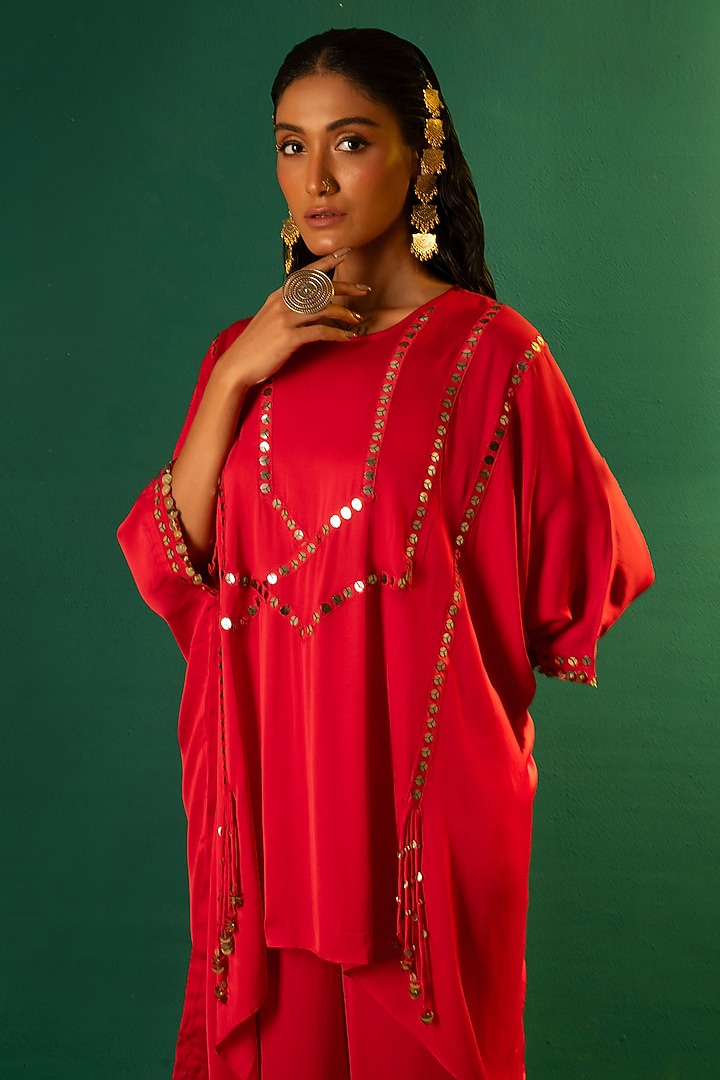 Red Satin Hand Embellishment Tunic Set by Prahnaaya at Pernia's Pop Up Shop