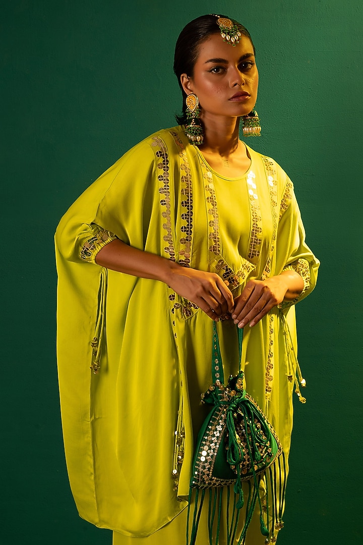 Sublime Neon Satin Hand Embellished Tunic Set by Prahnaaya at Pernia's Pop Up Shop