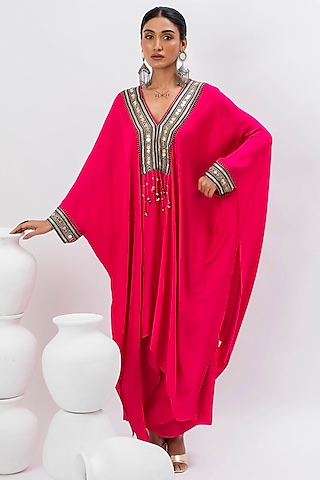 Pink Satin Hand Embroidered Kaftan Set by Prahnaaya