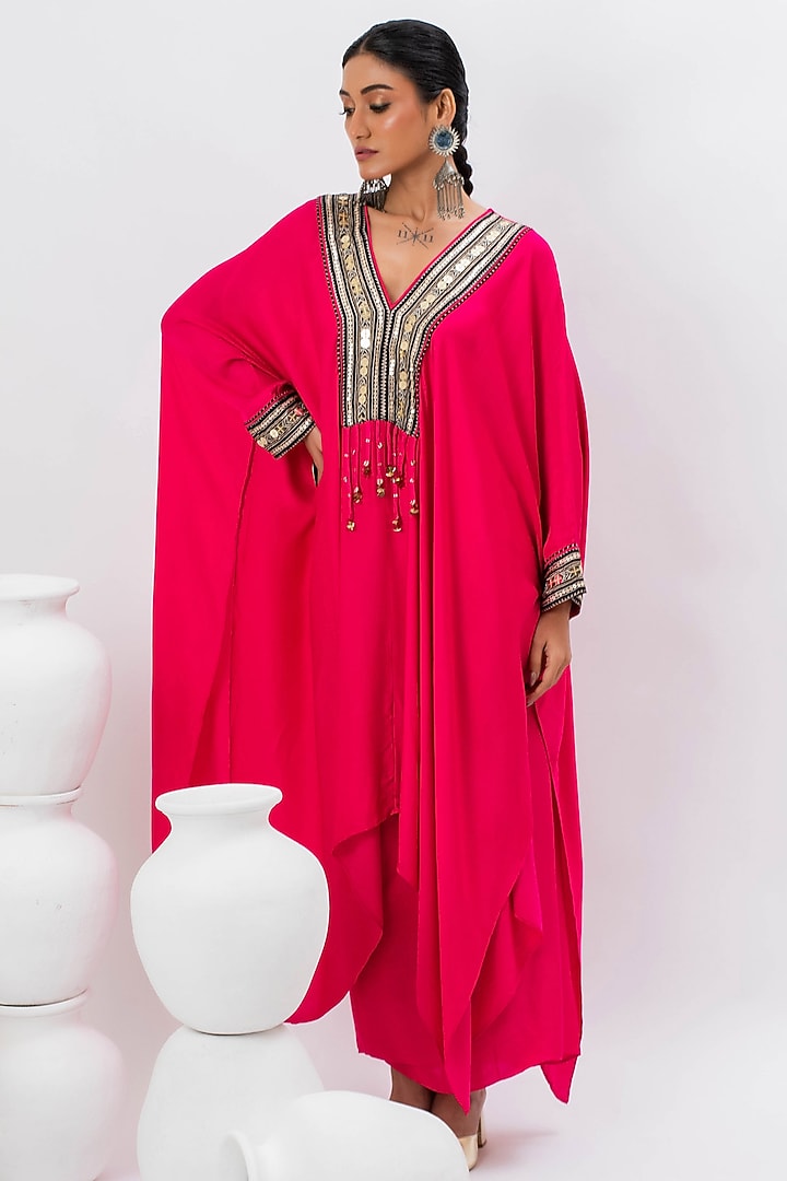 Pink Satin Hand Embroidered Kaftan Set by Prahnaaya at Pernia's Pop Up Shop
