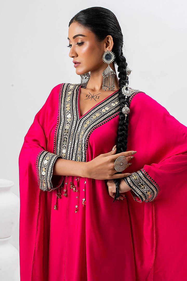 Pink Satin Hand Embroidered Kaftan Set by Prahnaaya at Pernia's Pop Up Shop