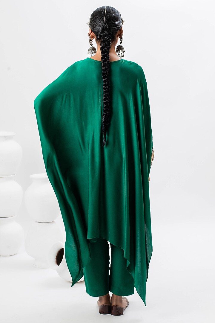 Emerald Green Satin Hand Embroidered Kaftan Set by Prahnaaya at Pernia's Pop Up Shop