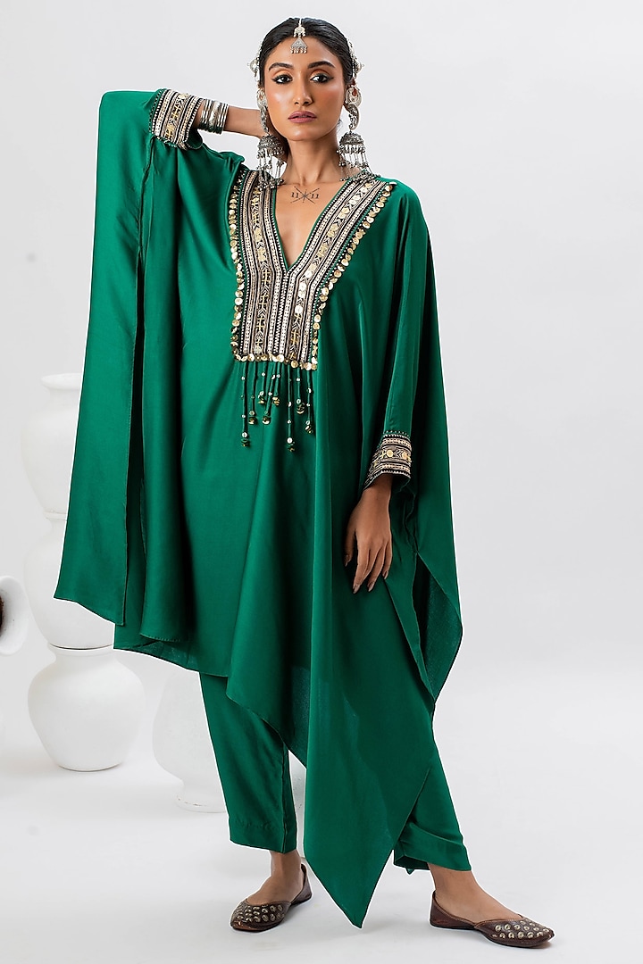 Emerald Green Satin Hand Embroidered Kaftan Set by Prahnaaya at Pernia's Pop Up Shop