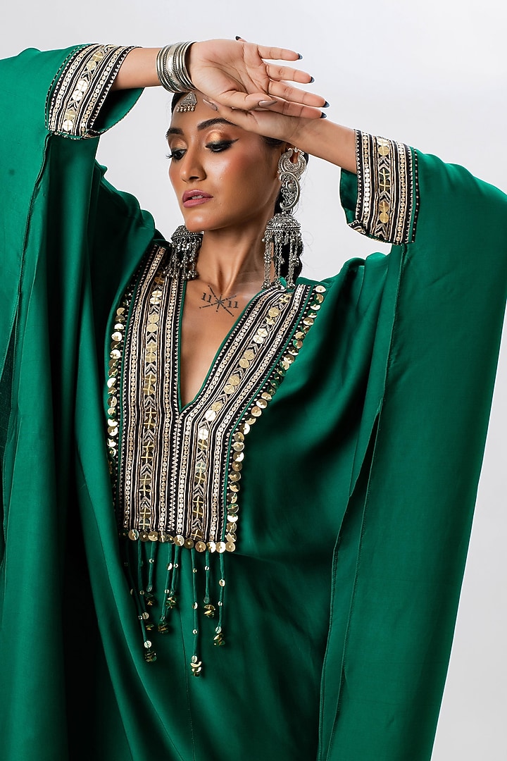 Emerald Green Satin Hand Embroidered Kaftan Set by Prahnaaya at Pernia's Pop Up Shop