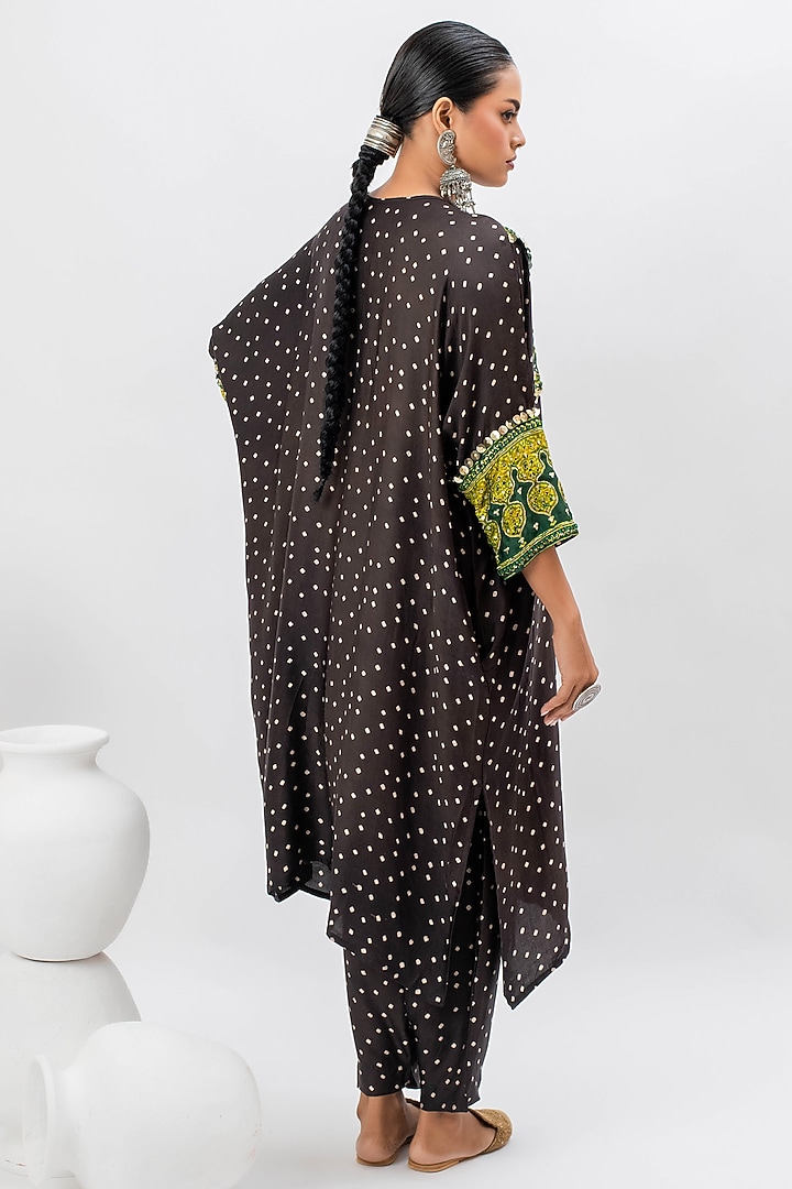 Black Satin Hand Embroidered & Ajrakh Printed Kurta Set by Prahnaaya at Pernia's Pop Up Shop