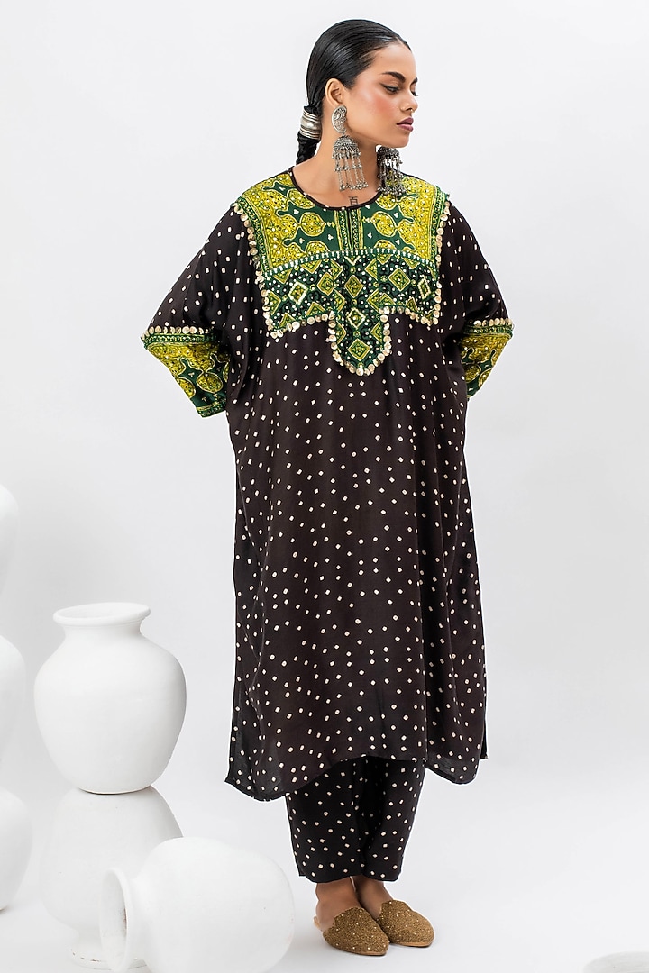 Black Satin Hand Embroidered & Ajrakh Printed Kurta Set by Prahnaaya at Pernia's Pop Up Shop