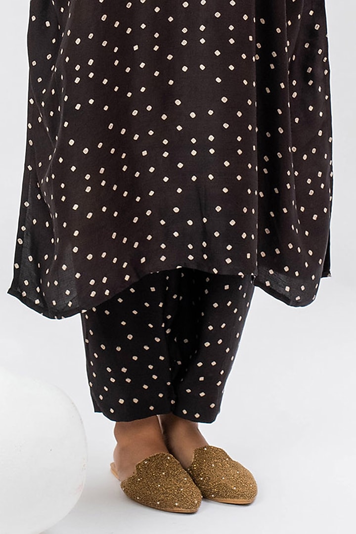 Black Satin Hand Embroidered & Ajrakh Printed Kurta Set by Prahnaaya at Pernia's Pop Up Shop