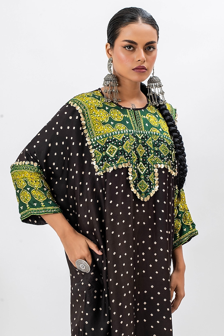 Black Satin Hand Embroidered & Ajrakh Printed Kurta Set by Prahnaaya at Pernia's Pop Up Shop