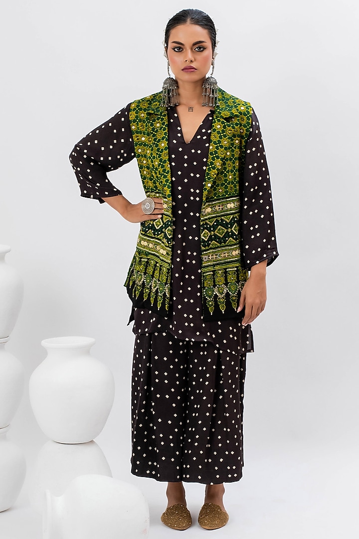 Green Satin Silk Hand Embroidered & Ajrakh Printed Jacket Set by Prahnaaya