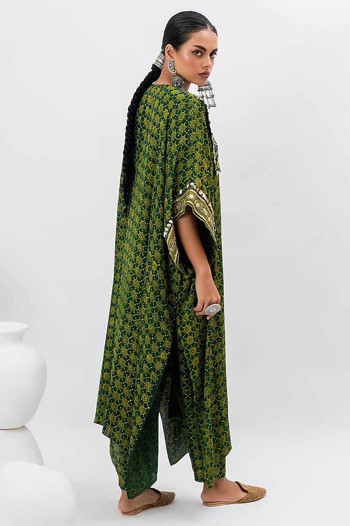 Green Satin Hand Embroidered & Ajrakh Printed Kurta Set by Prahnaaya at Pernia's Pop Up Shop