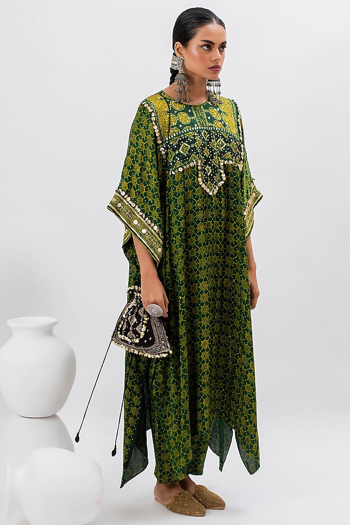 Green Satin Hand Embroidered & Ajrakh Printed Kurta Set by Prahnaaya at Pernia's Pop Up Shop