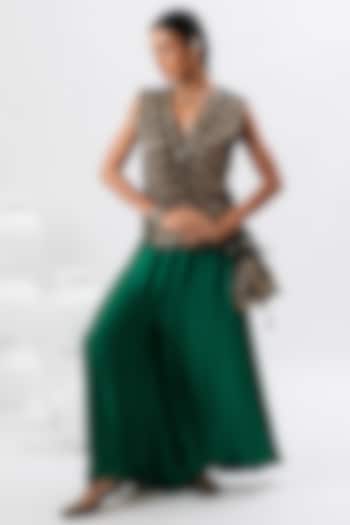 Emerald Green Satin Pant Set by Prahnaaya