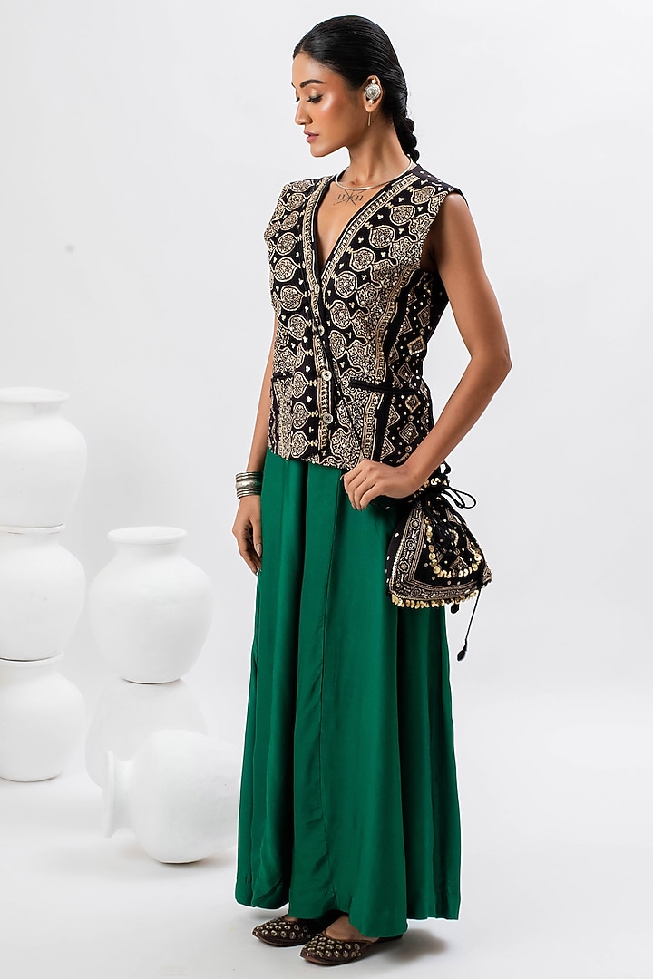 Emerald Green Satin Pant Set by Prahnaaya at Pernia's Pop Up Shop