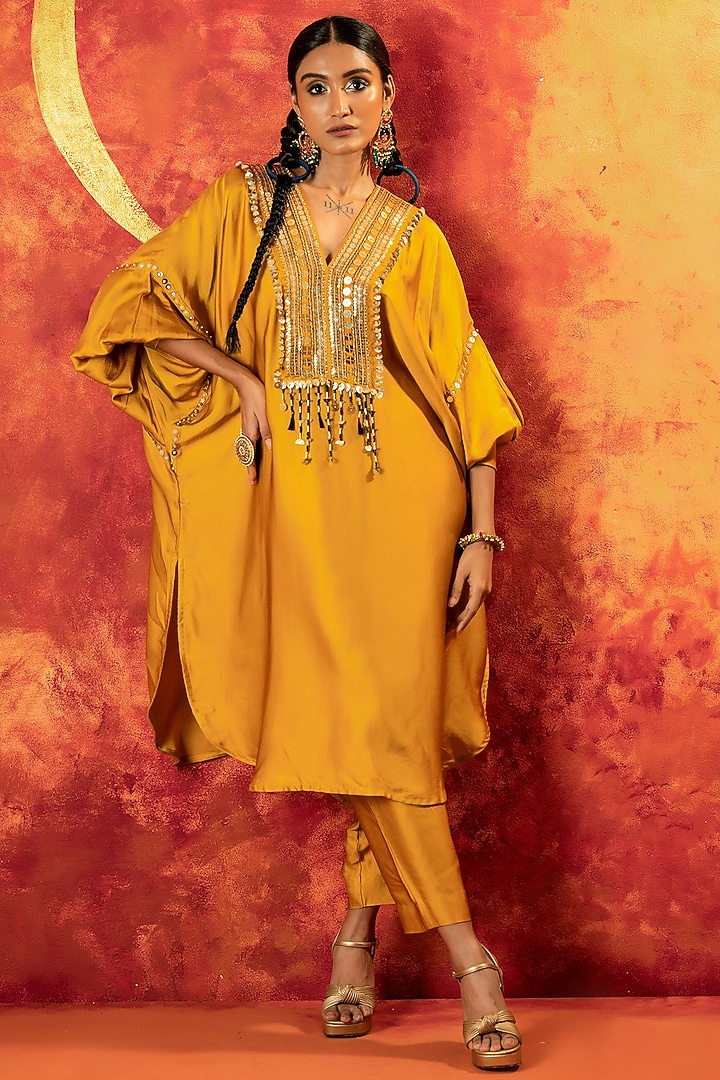 Mustard Yellow Vegan Satin Hand Embroidered Kurta Set by Prahnaaya at Pernia's Pop Up Shop