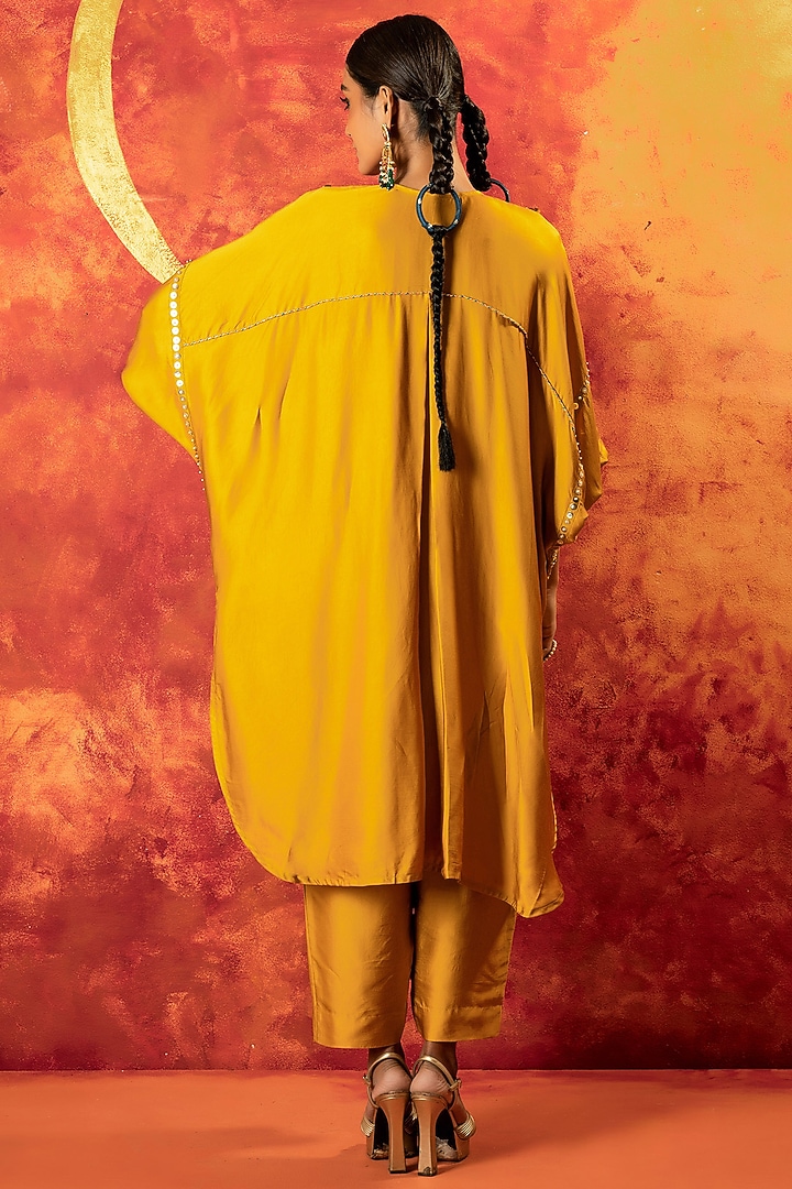 Mustard Yellow Vegan Satin Hand Embroidered Kurta Set by Prahnaaya at Pernia's Pop Up Shop