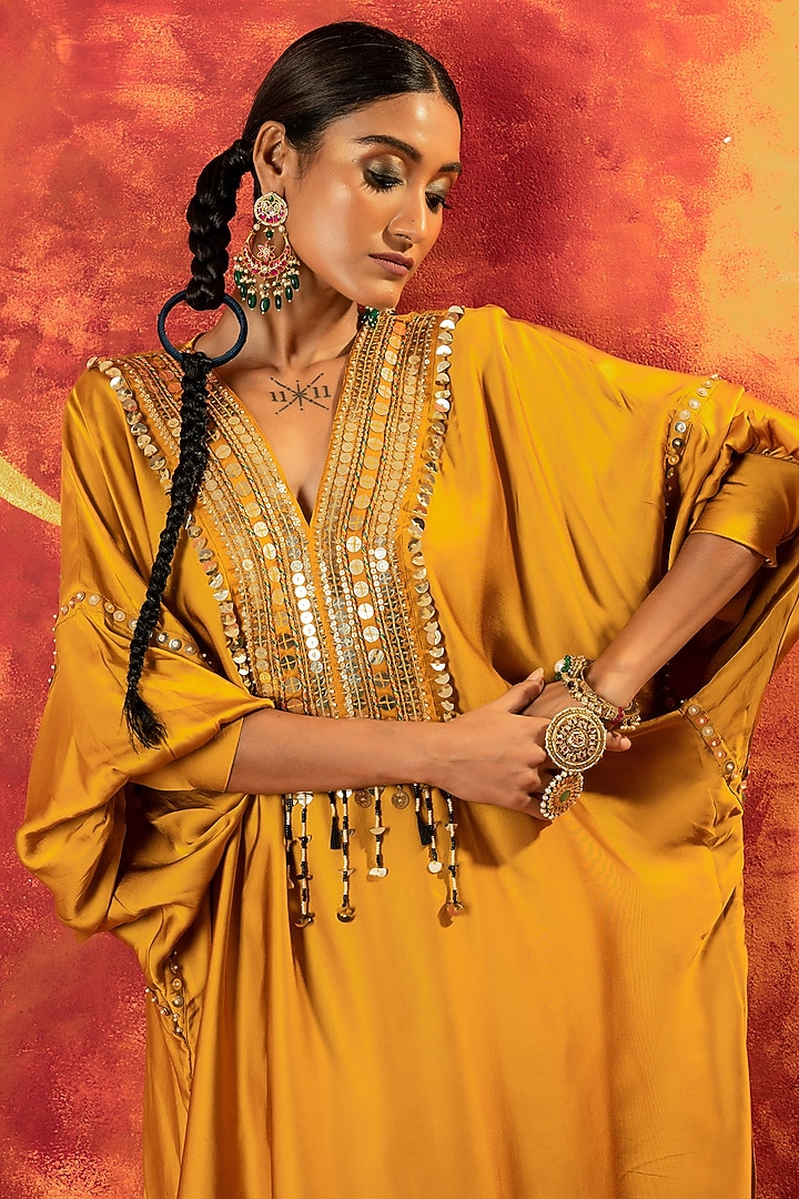 Mustard Yellow Vegan Satin Hand Embroidered Kurta Set by Prahnaaya at Pernia's Pop Up Shop