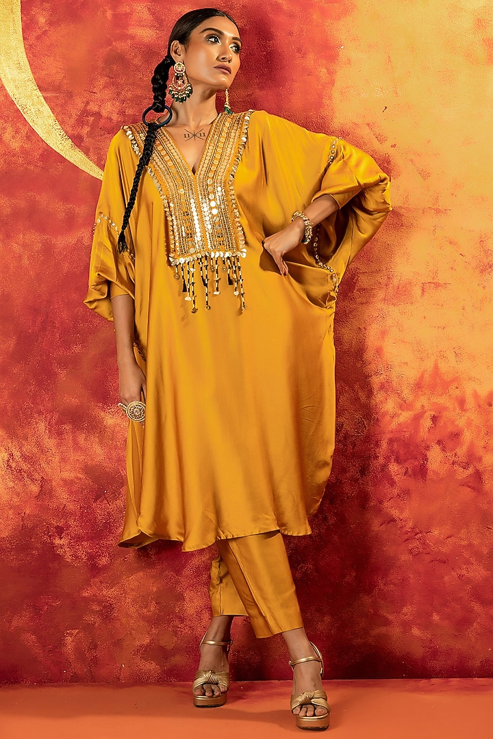 Mustard Yellow Vegan Satin Hand Embroidered Kurta Set by Prahnaaya at Pernia's Pop Up Shop