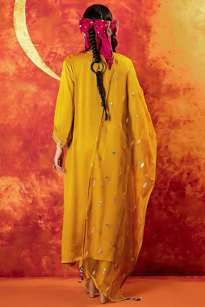 Mustard Yellow Vegan Satin Hand Embroidered Kurta Set by Prahnaaya at Pernia's Pop Up Shop