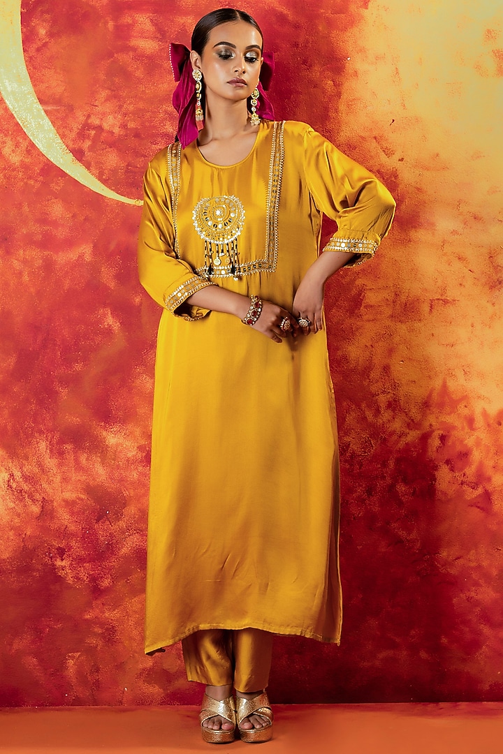 Mustard Yellow Vegan Satin Hand Embroidered Kurta Set by Prahnaaya at Pernia's Pop Up Shop