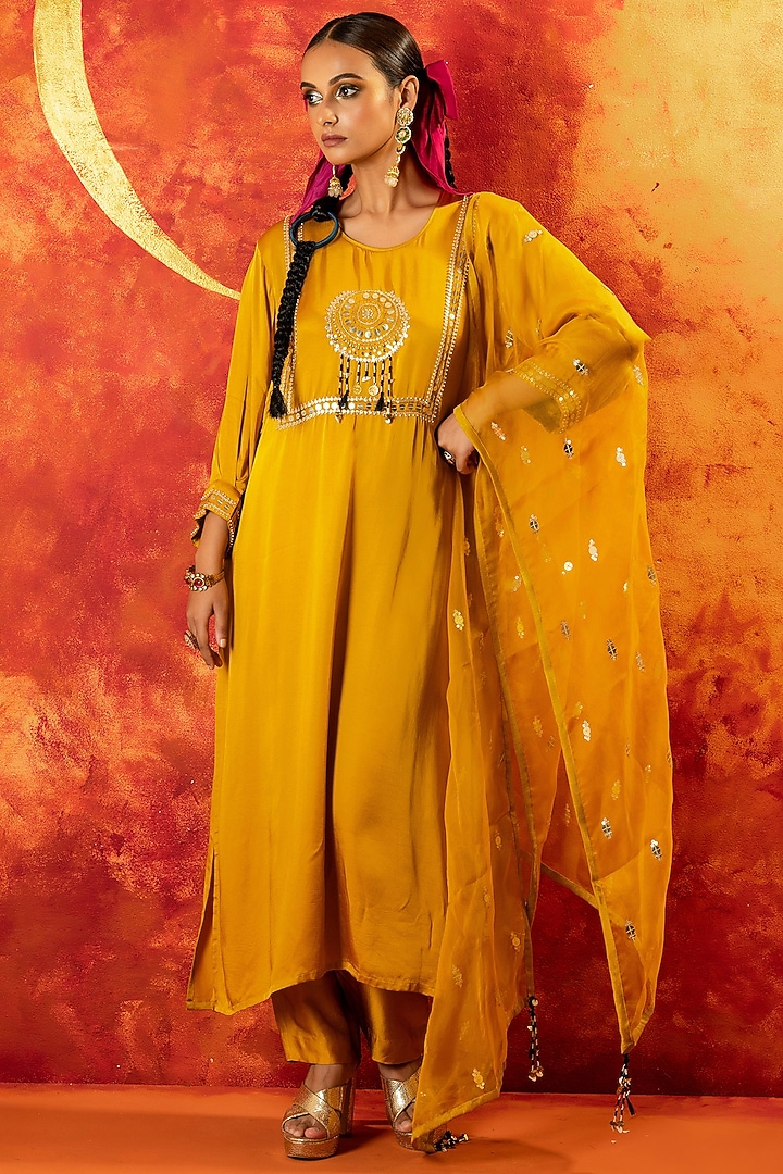 Mustard Yellow Vegan Satin Hand Embroidered Kurta Set by Prahnaaya at Pernia's Pop Up Shop
