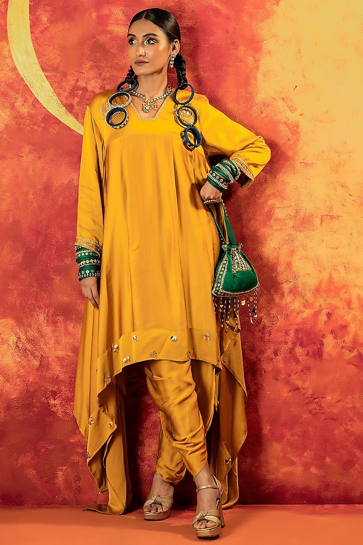 Mustard Yellow Vegan Satin Hand Embroidered Kurta Set by Prahnaaya at Pernia's Pop Up Shop