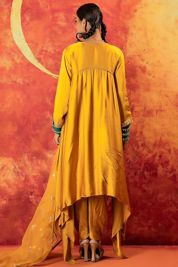 Mustard Yellow Vegan Satin Hand Embroidered Kurta Set by Prahnaaya at Pernia's Pop Up Shop