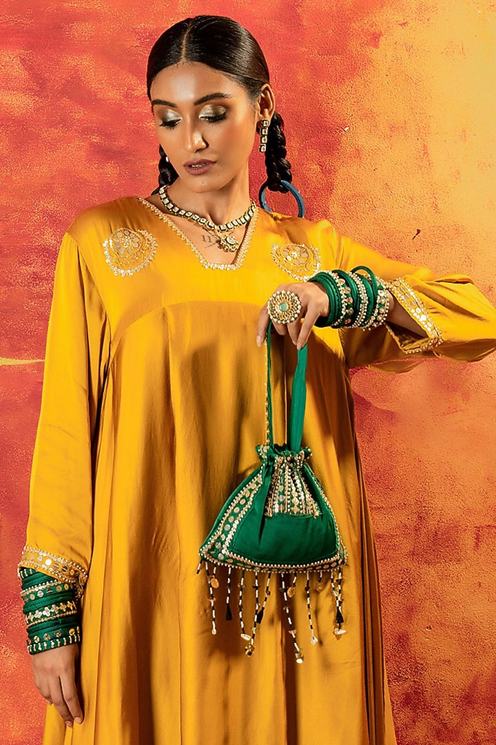 Mustard Yellow Vegan Satin Hand Embroidered Kurta Set by Prahnaaya at Pernia's Pop Up Shop
